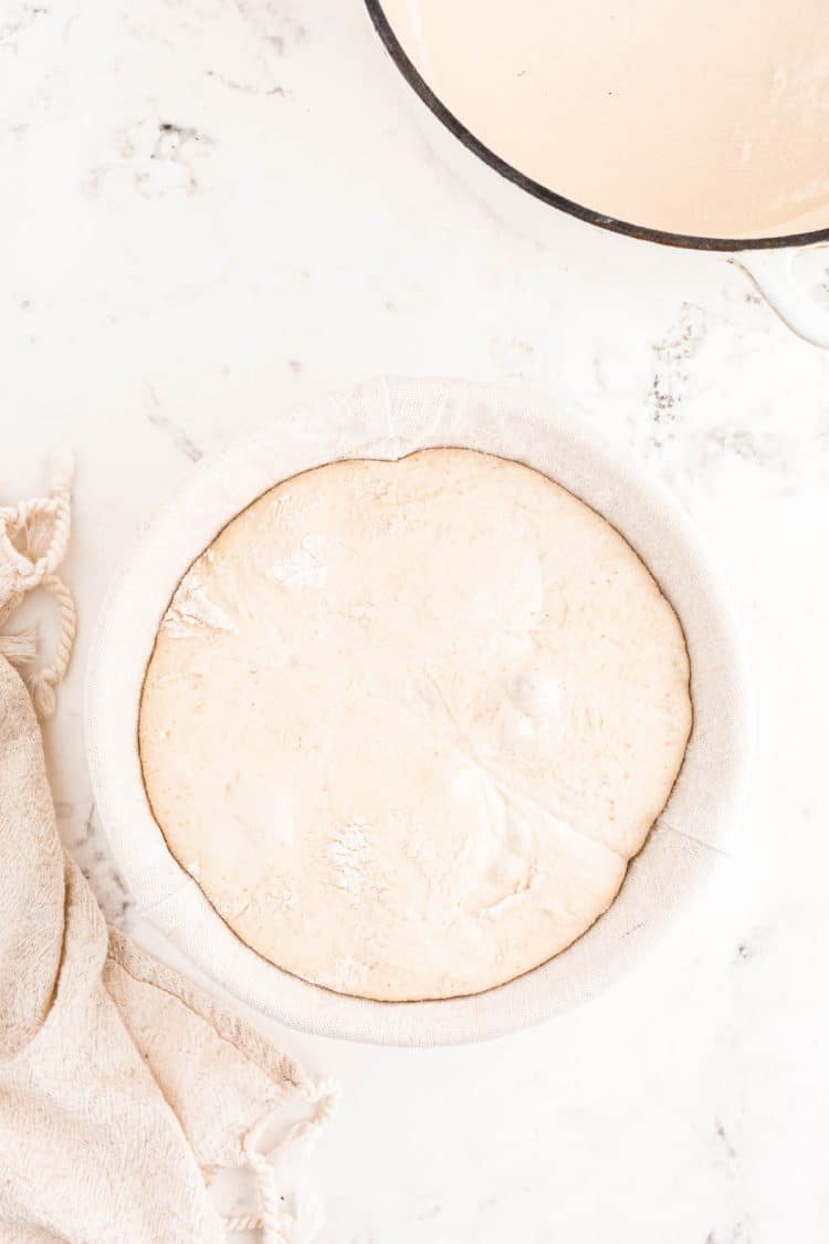 Sourdough bread dough in a banneton.