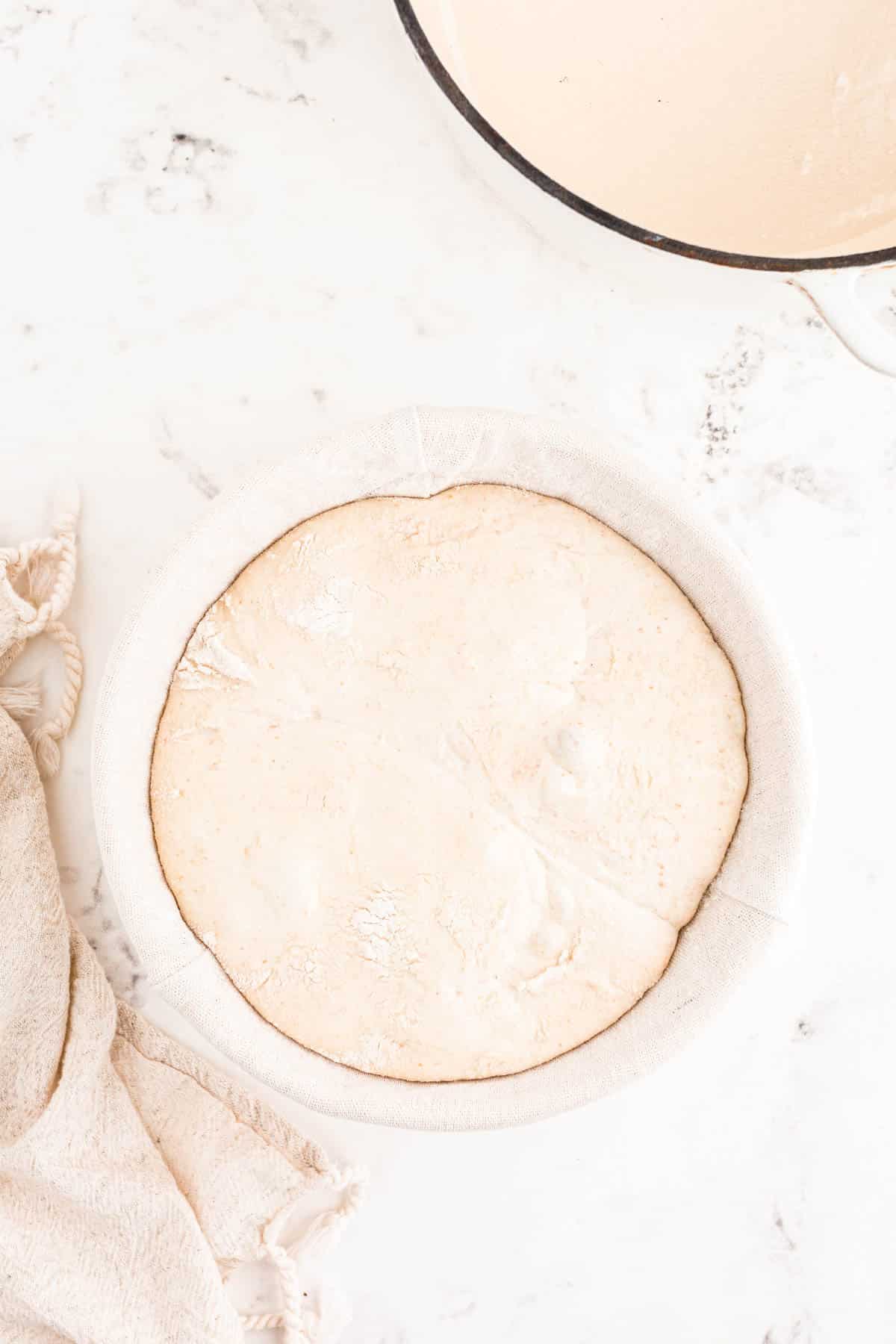 Sourdough bread dough in a banneton.