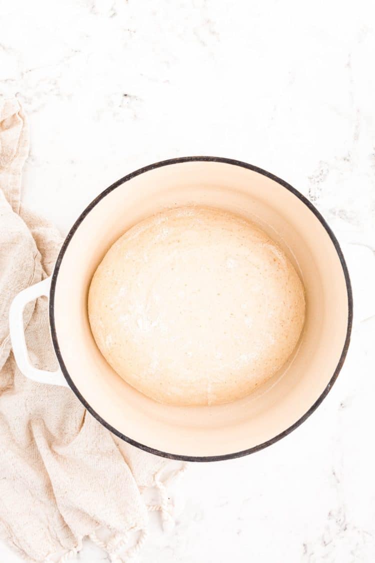 Sourdough bread dough in a dutch oven ready to be baked.