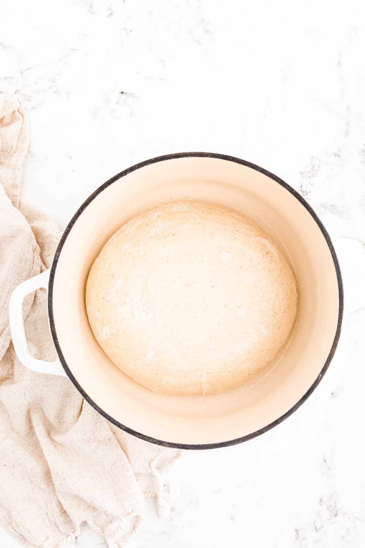 Sourdough bread dough in a dutch oven ready to be baked.