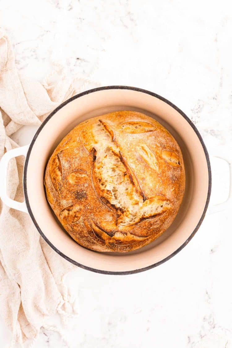 A loaf of baked sourdough bread in a dutch oven.