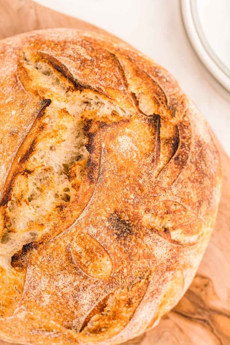 Overhead close up of a loaf of sourdough bread.