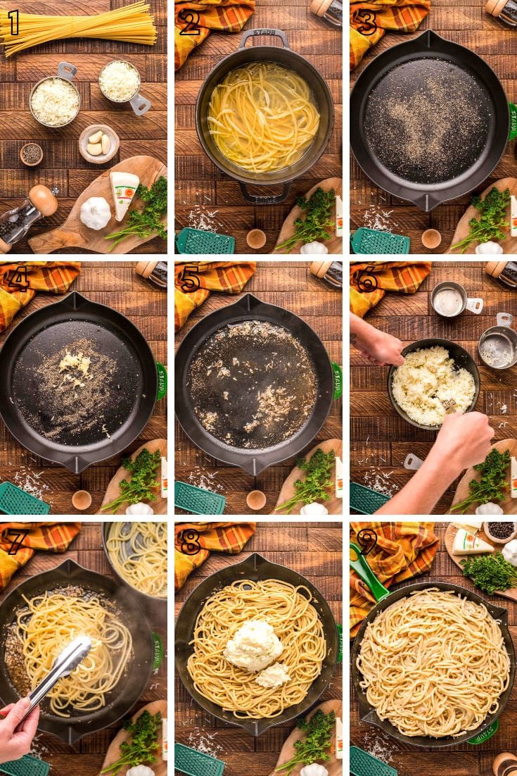 Step by step photo collage showing how to make bucatini cacio e pepe.