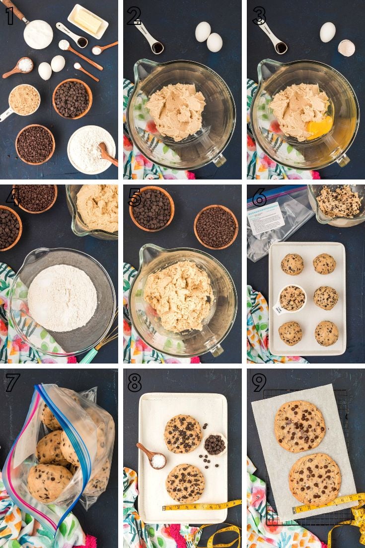 Step by step photo collage showing how to make giant chocolate chip cookies from scratch.