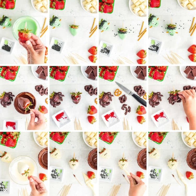 Step by step photo collage showing how to make chocolate covered strawberries for halloween.