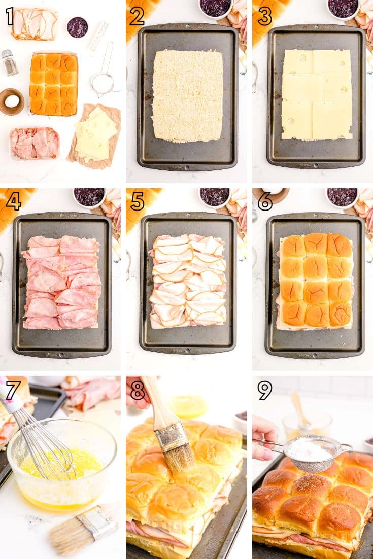 Step by step photo collage showing how to make monte cristo sliders.