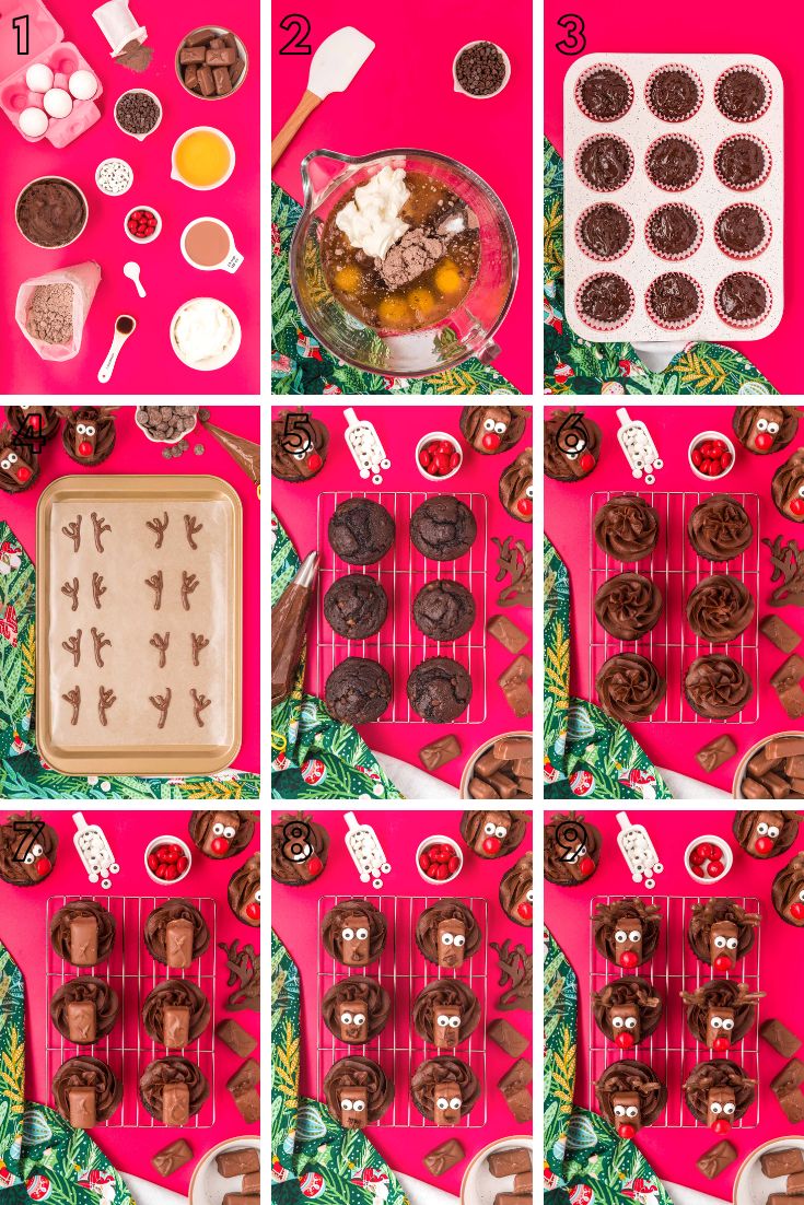 Step by step photo collage showing how to make reindeer cupcakes!