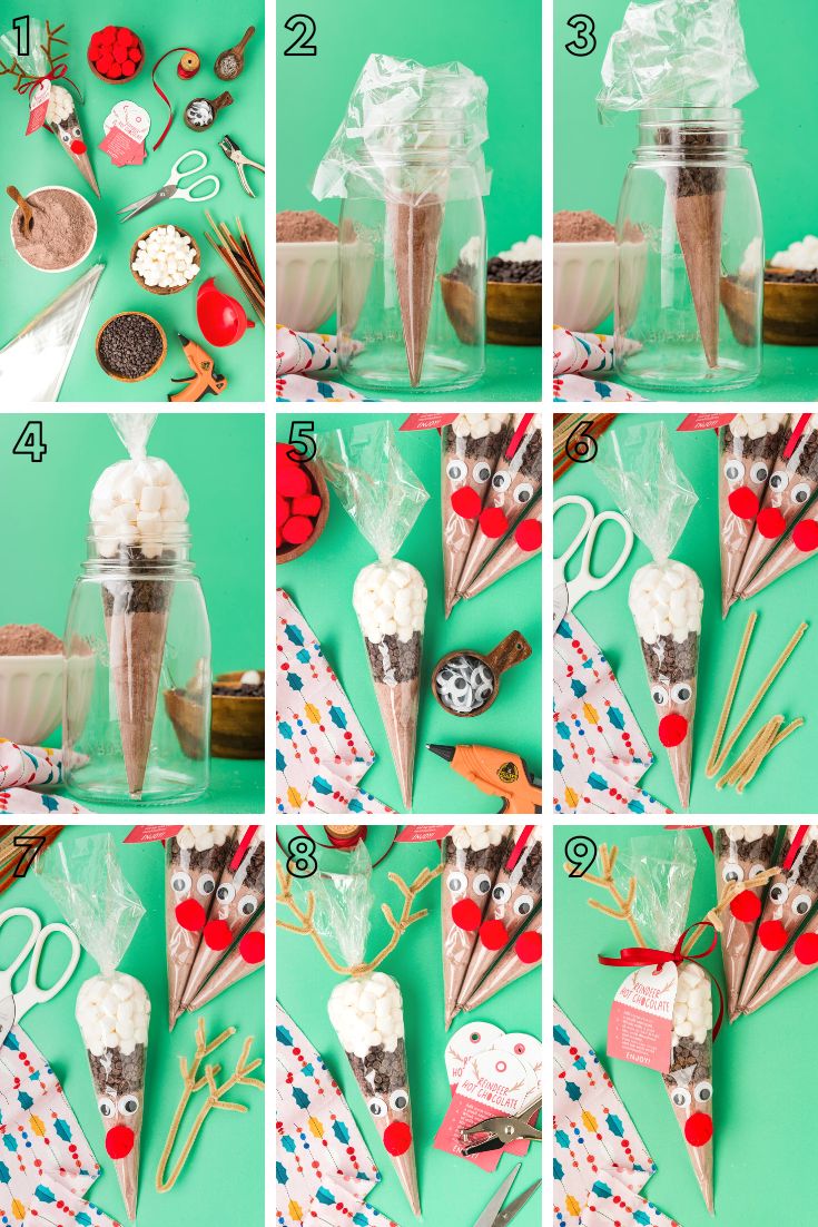 Step-by-step photo collage showing how to make reindeer hot chocolate cones.