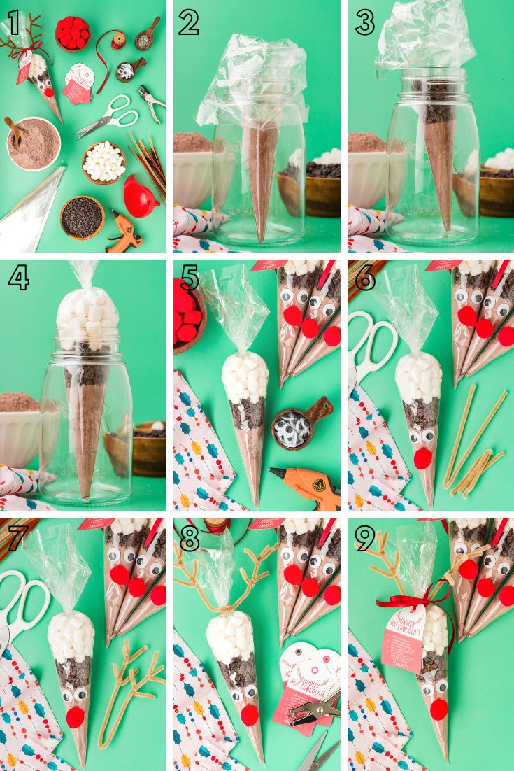 Step-by-step photo collage showing how to make reindeer hot chocolate cones.