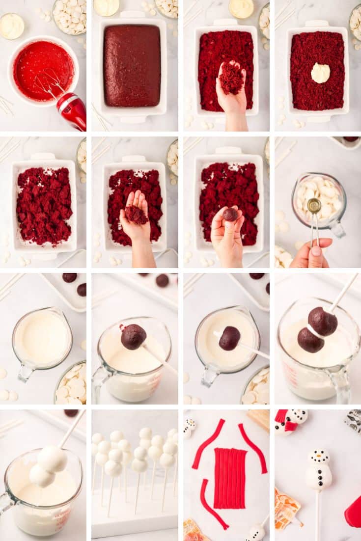 photo collage showing how to make snowman cake pops.