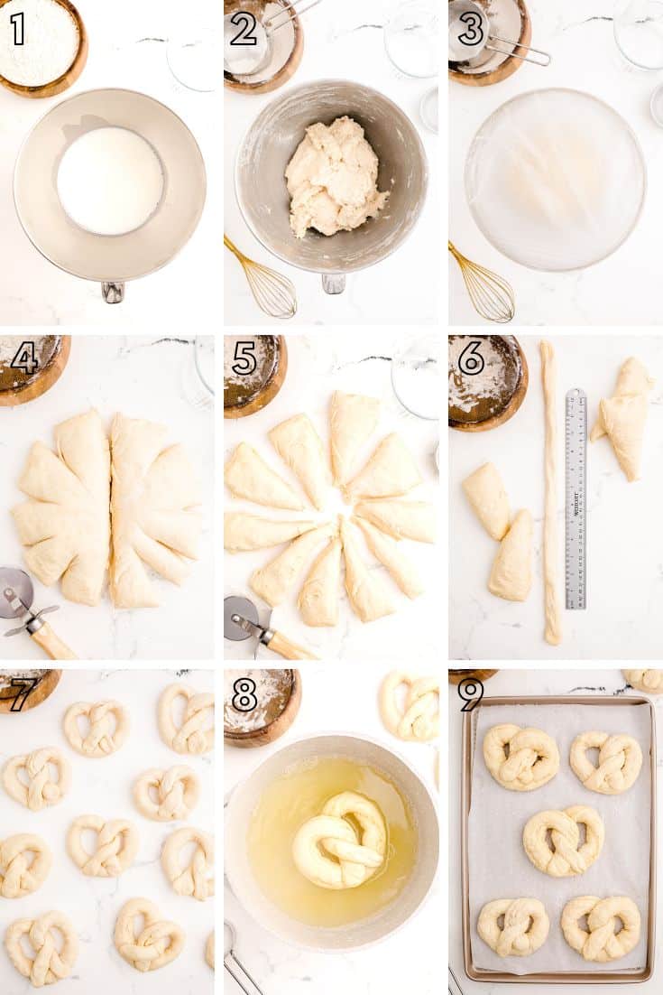 Step by step photo collage showing how to make homemade pretzels.