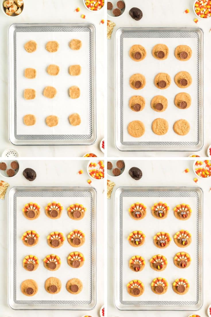 Step by step photo collage showing how to make turkey cookies.