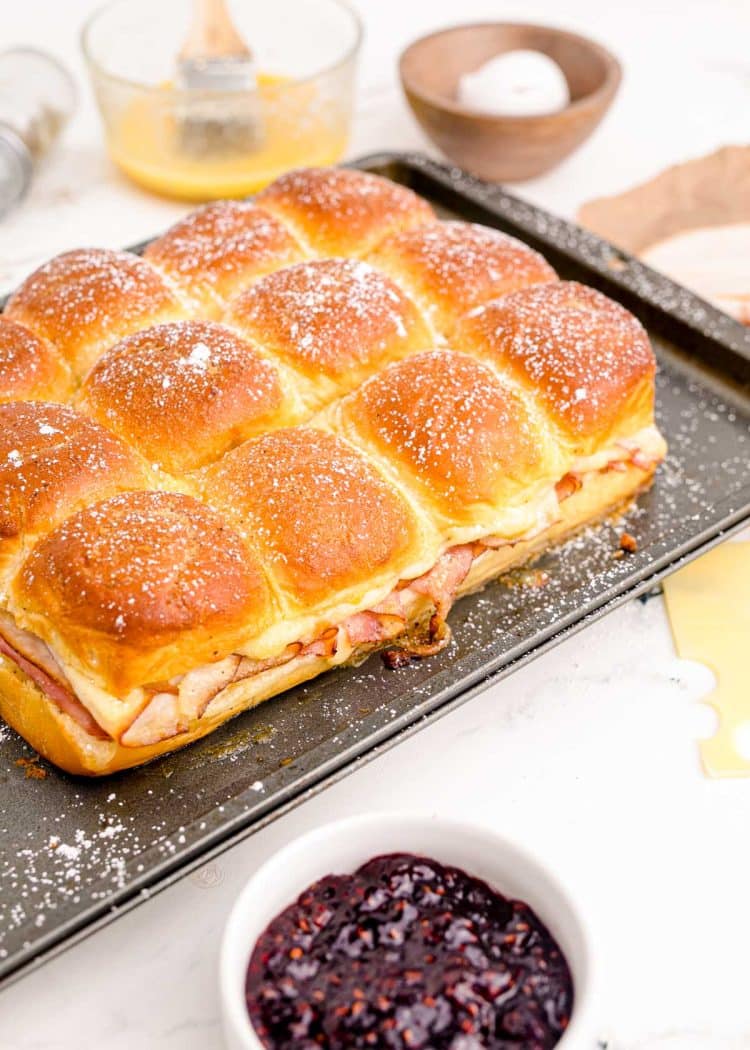 Monte cristo sliders on a pan.