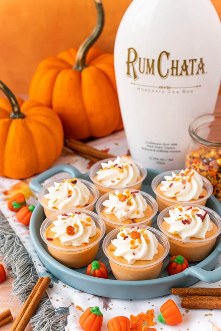 Pumpkin pie pudding shots on a blue plate with a bottle of rumchata in the background.