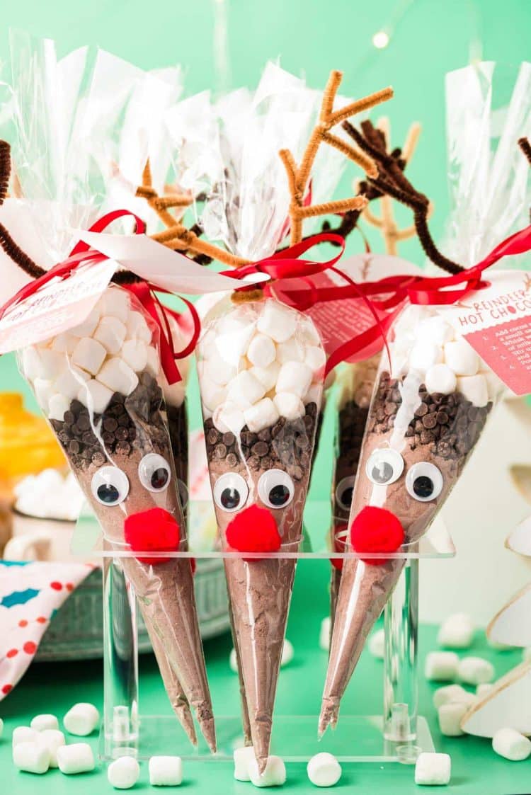 DIY Reindeer hot chocolate cones in an acrylic ice cream holder.