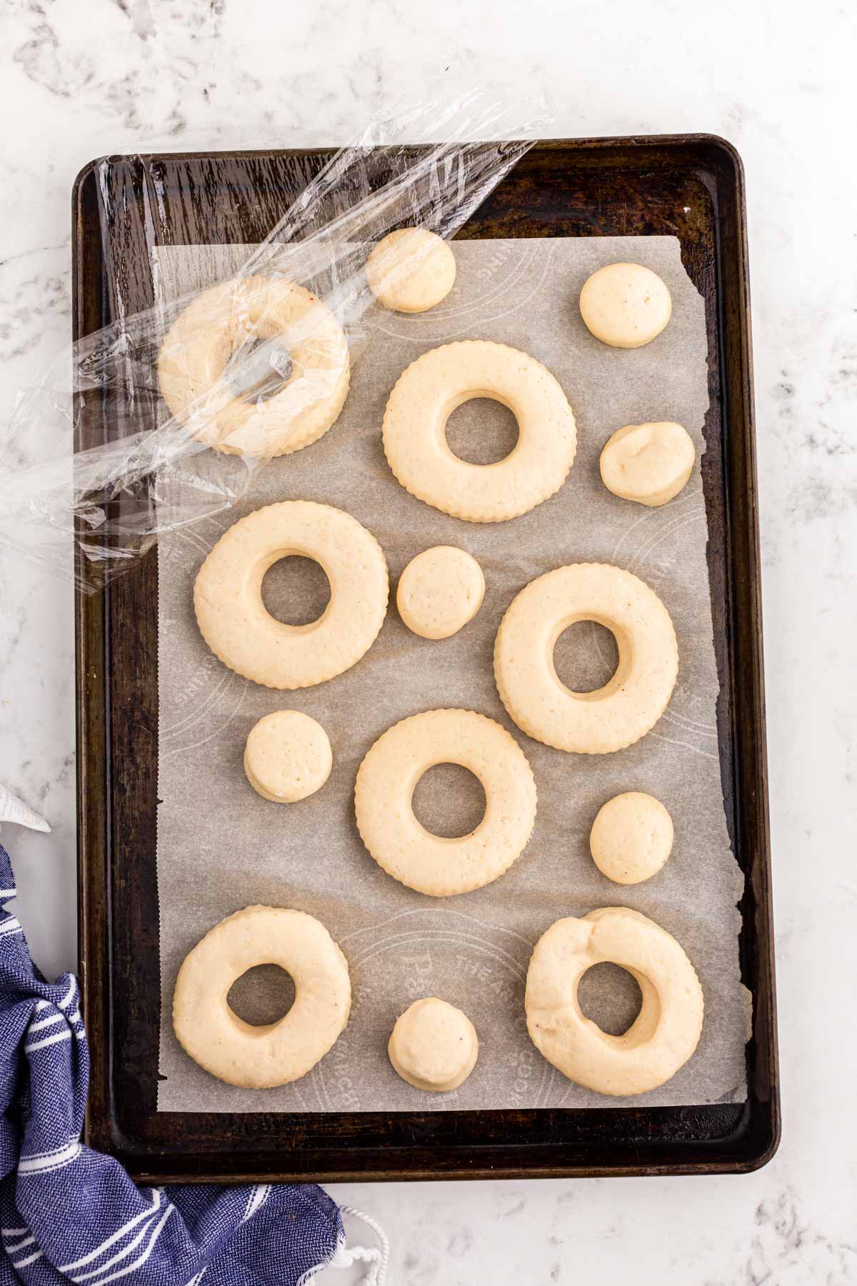 Cut out donut dough resting on a baking pan covered in plastic wrap.