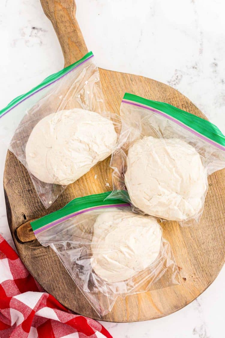 Sourdough pizza dough divided into bags.