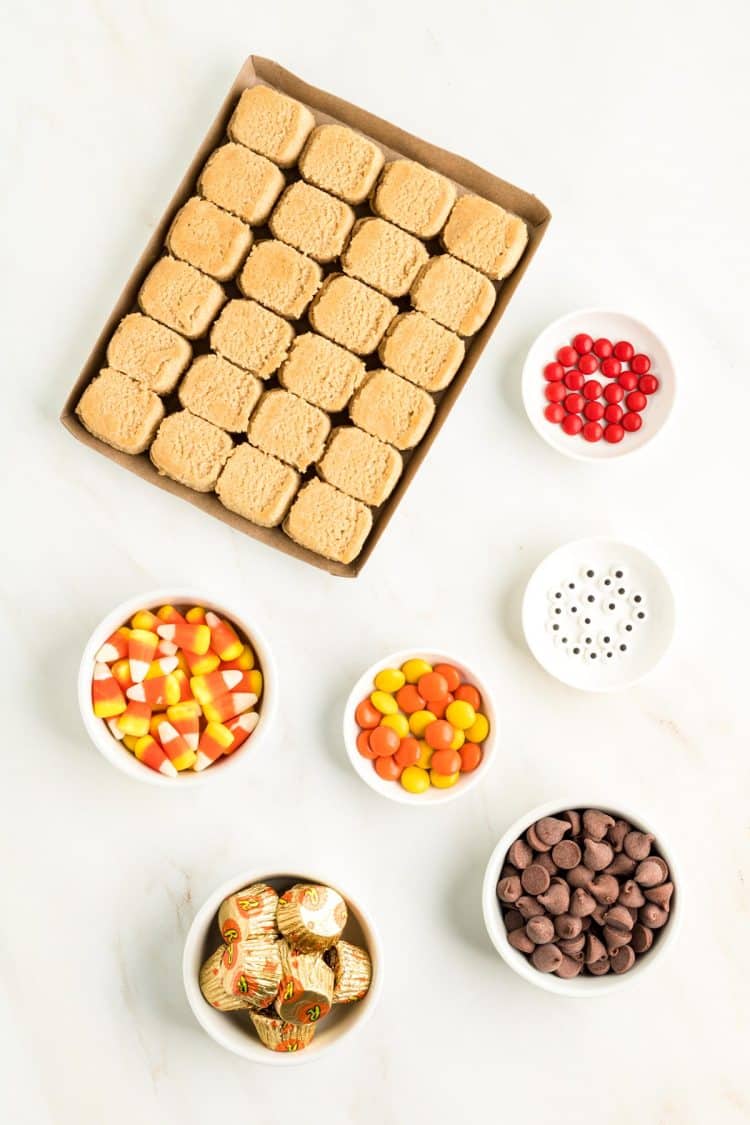 Ingredients to make cookies decorated like turkeys on a marble counter.