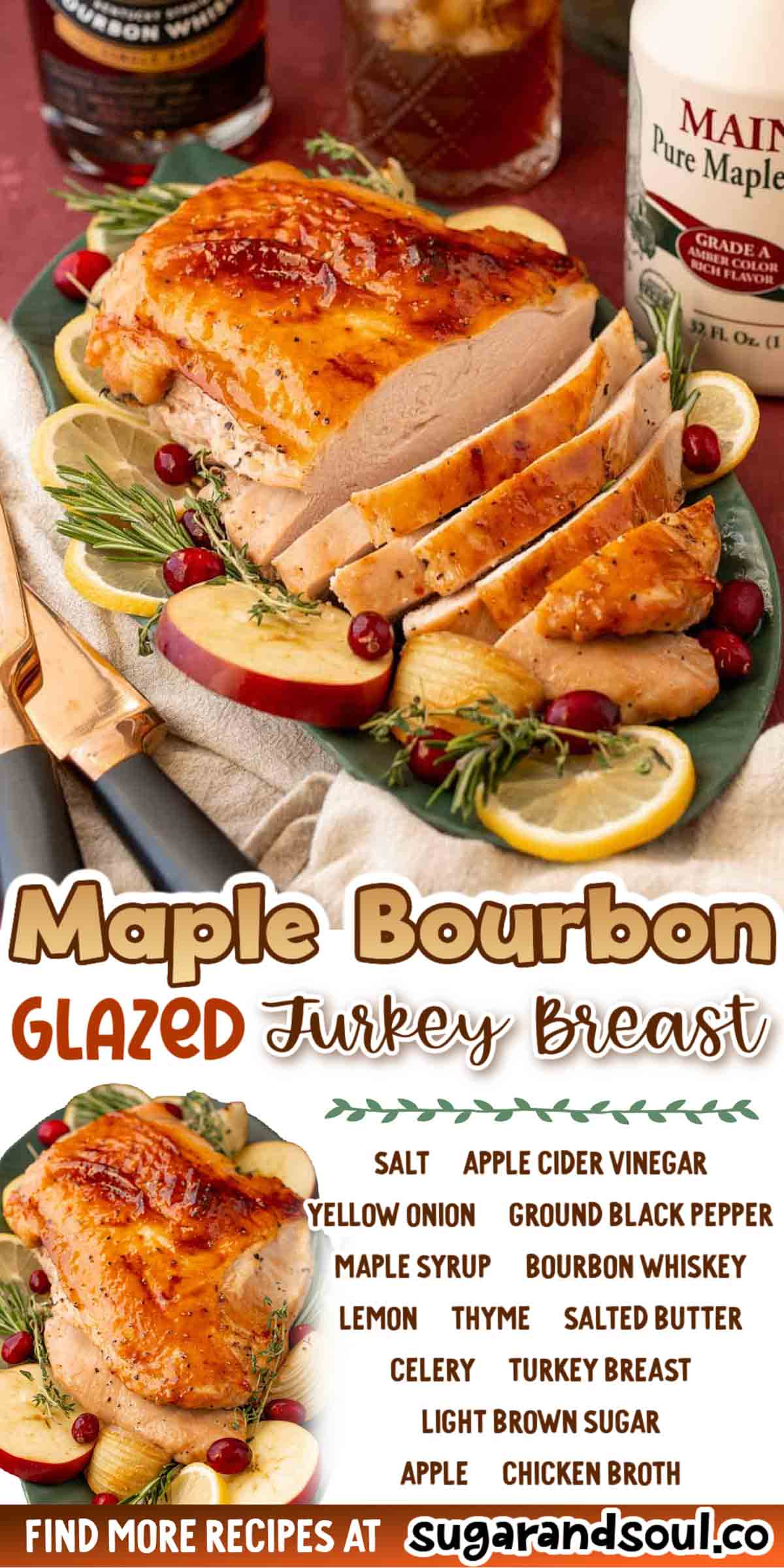 This Maple Bourbon Glazed Turkey Breast Recipe makes a moist, juicy turkey that's bursting with delicious smoky, sweet flavor in every bite! A great choice for the holidays! via @sugarandsoulco