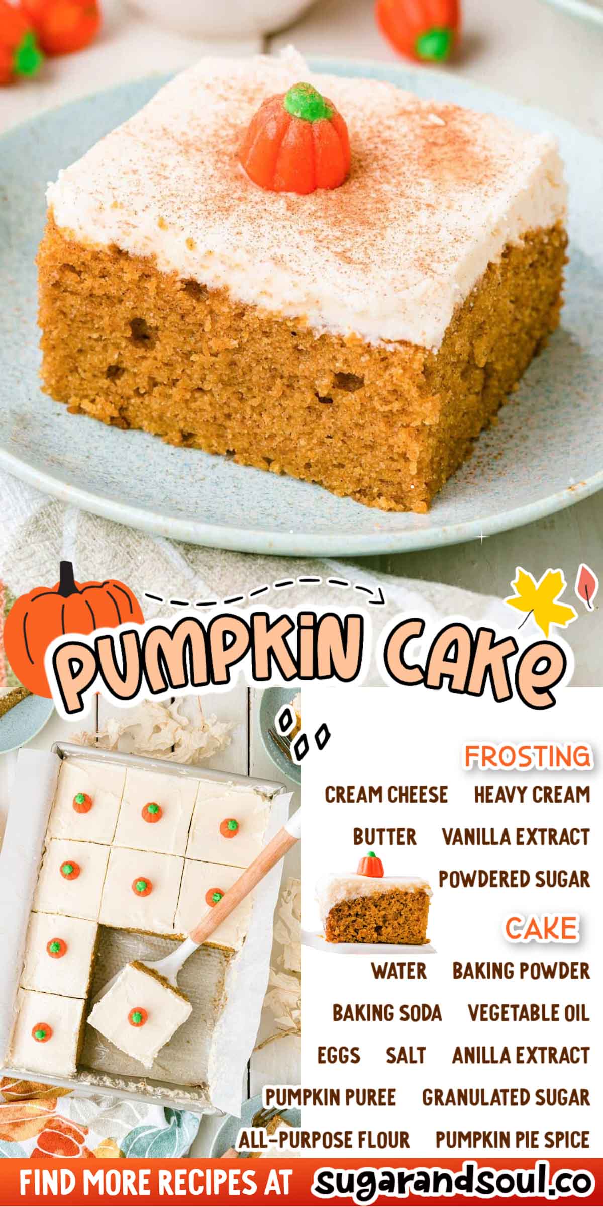 Pumpkin Cake With Cream Cheese Frosting is a must-have Fall dessert that's made with pumpkin and pantry staple ingredients! Topped with a silky smooth and tangy cream cheese buttercream! via @sugarandsoulco