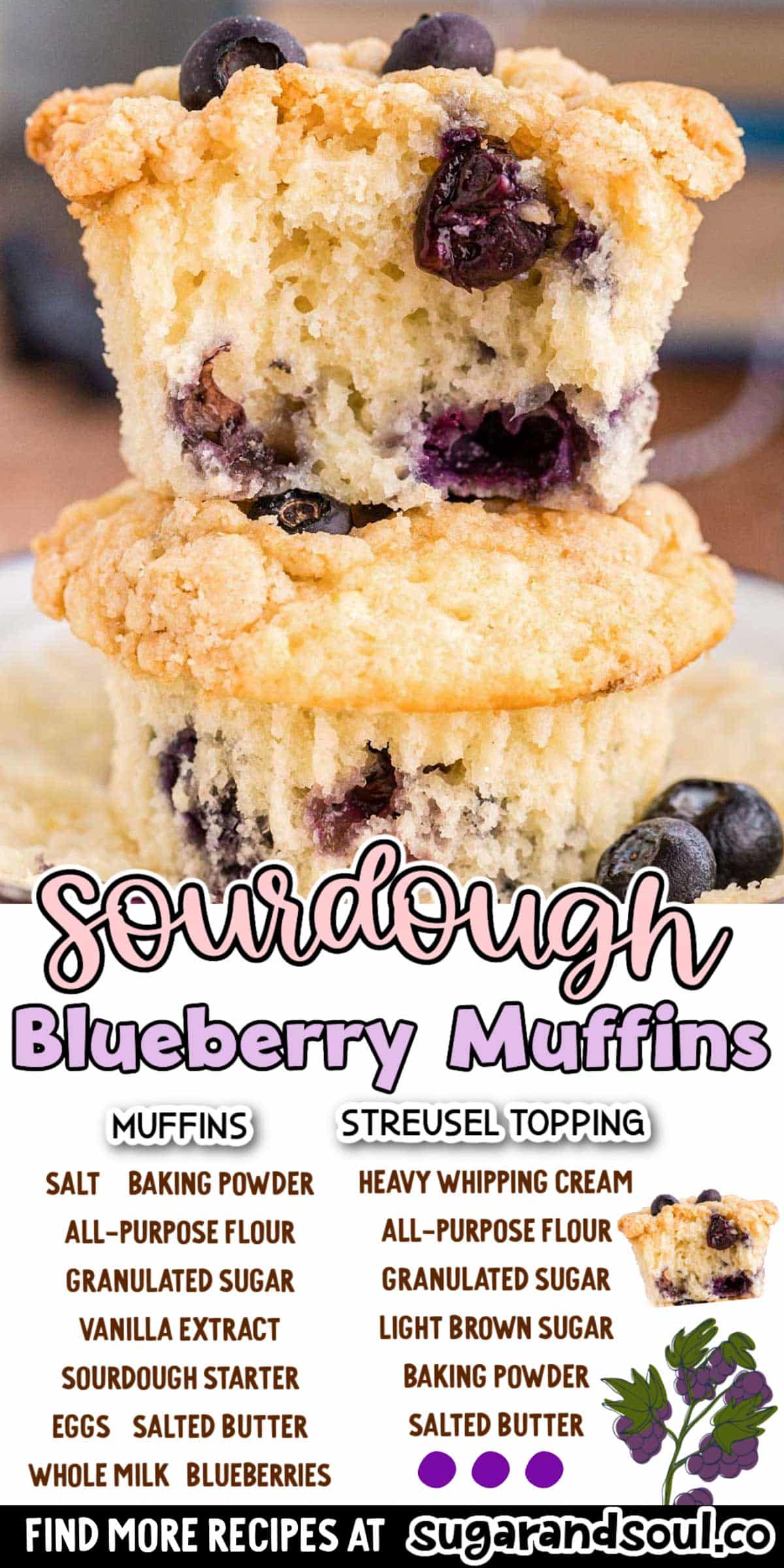 Sourdough Blueberry Muffins combines tangy sourdough discard, pantry staple ingredients, and fresh juicy blueberries to deliver delicious muffins! Ready to enjoy in just 35 minutes! via @sugarandsoulco