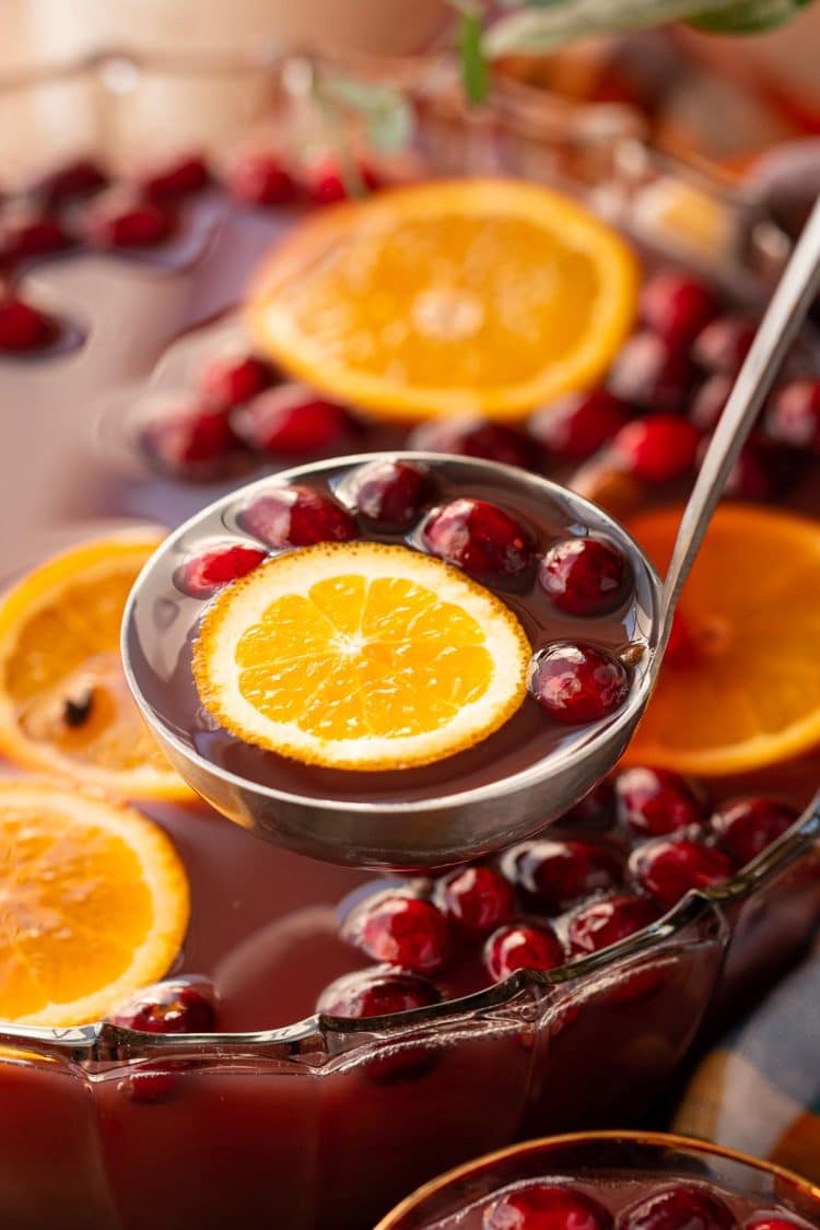 A ladle scooping autumn punch out of a punch bowl.