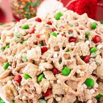 Christmas Chex Snack Mix in a bowl.