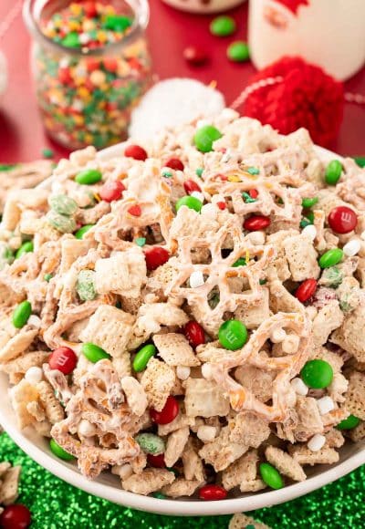 Christmas Chex Snack Mix in a bowl.