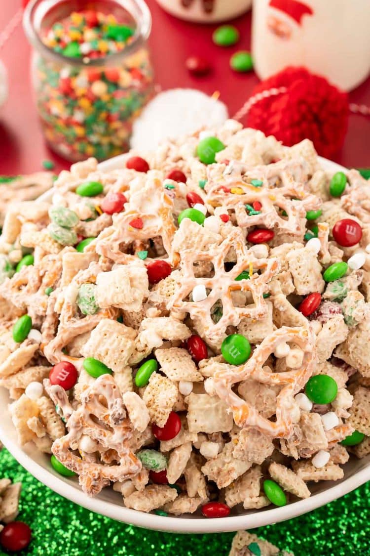 Christmas Chex Snack Mix in a bowl.