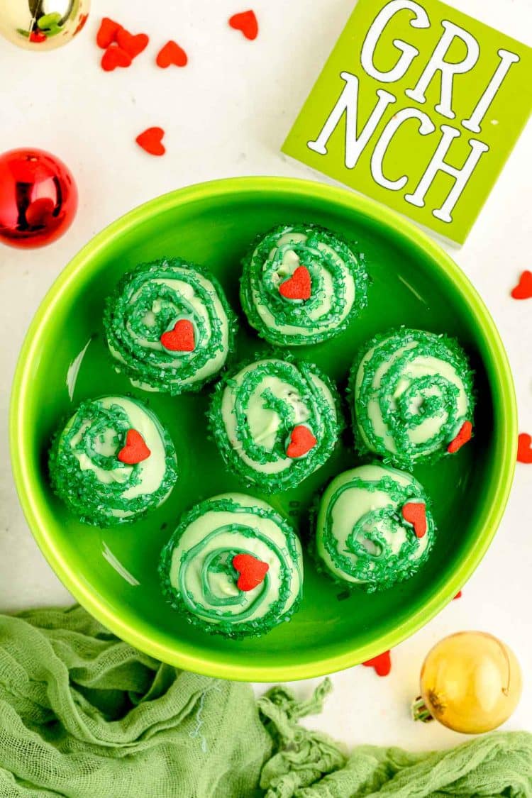 Overhead photo of grinch cake balls.