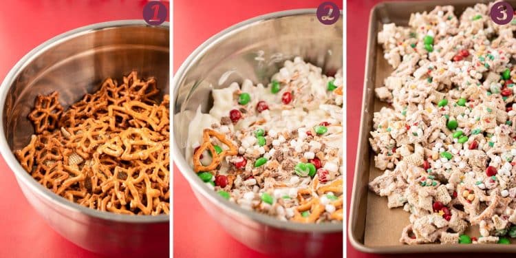 Step by step photo collage showing how to make Christmas Chex Snack Mix.