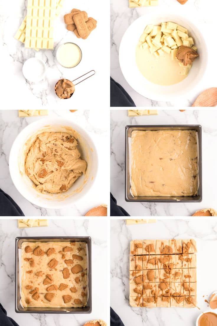 Step by stpe photo collage showing how to make biscoff fudge.