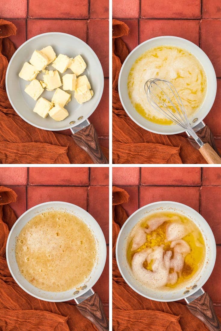 Step by step photo collage showing how to make brown butter in a skillet.