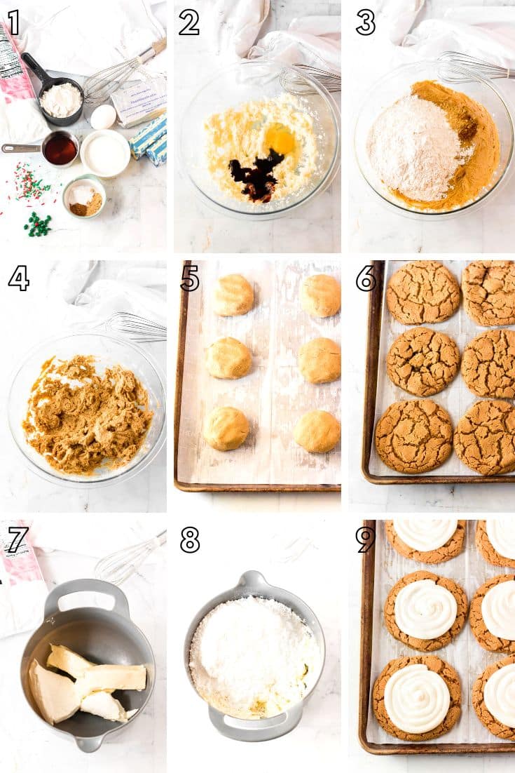 Step by step photo collage showing how to make gingerbread cookies with frosting.