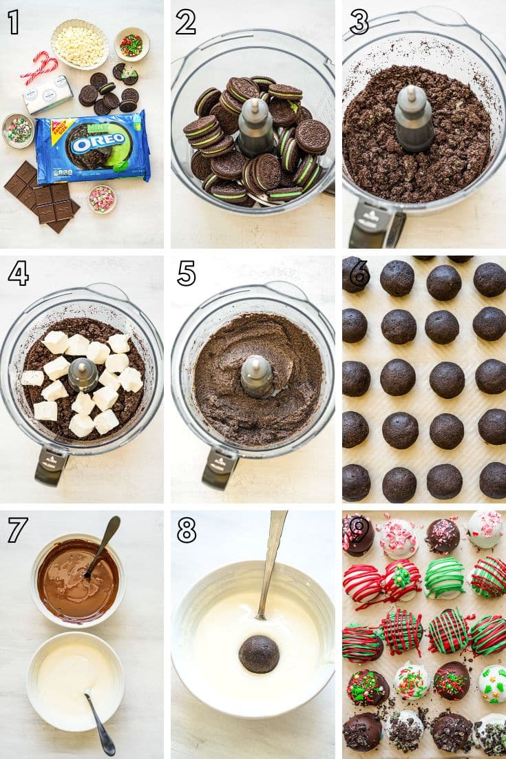 Step by step photo collage showing how to make Christmas decorated Oreo Balls.