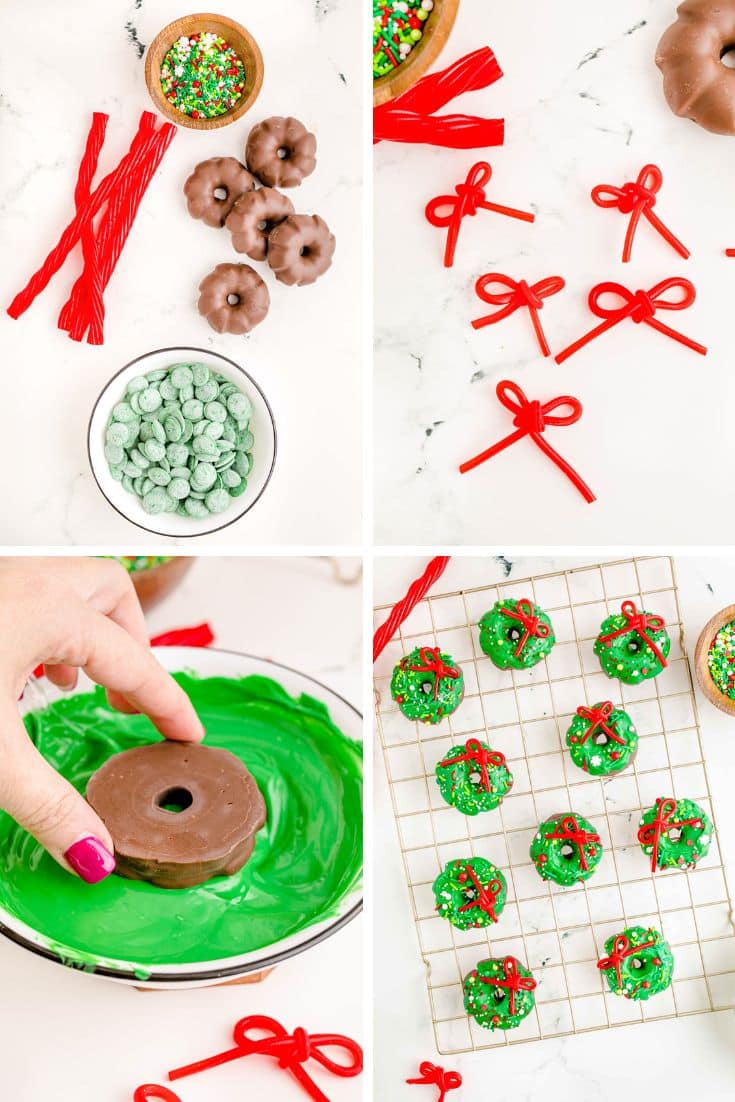 Step-by-step photo collage showing how to make Christmas Wreath Cookies.