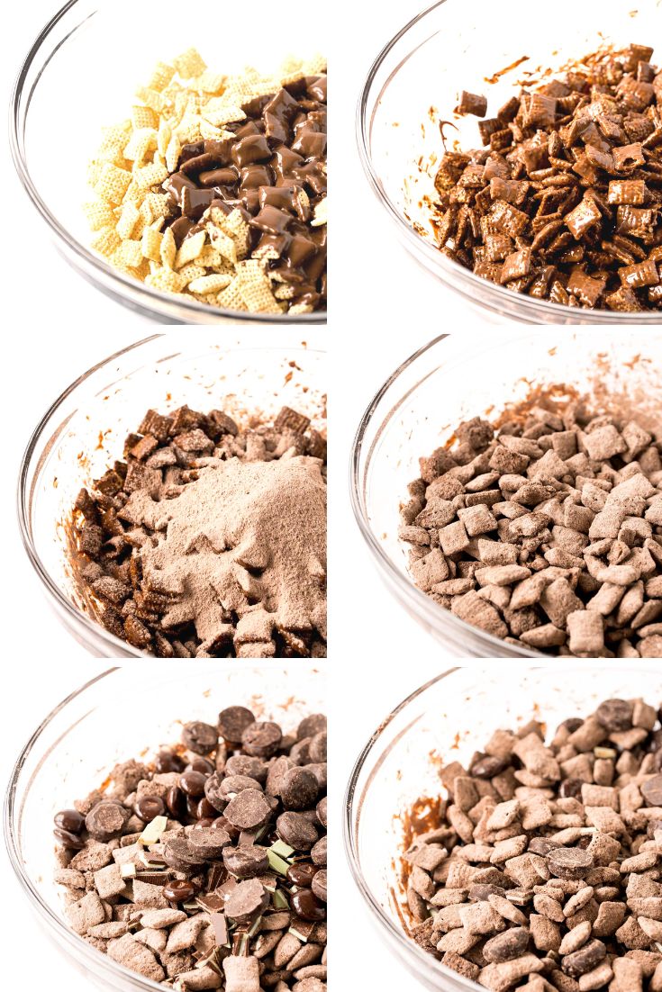 Step by step photo collage showing how to make mint chocolate muddy buddies.