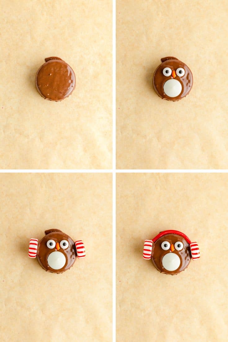 Step by step photo collage showing how to make Oreo Penguin Cookies.