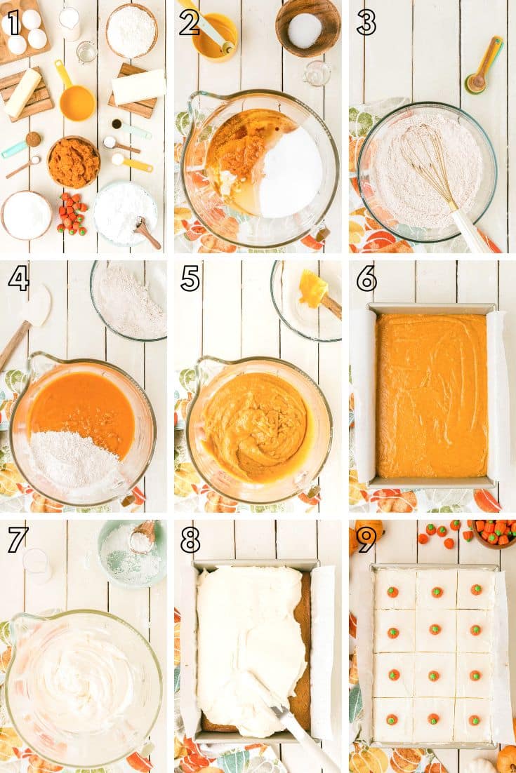 Step by step photo collage showing how to make pumpkin sheet cake with cream cheese frosting.