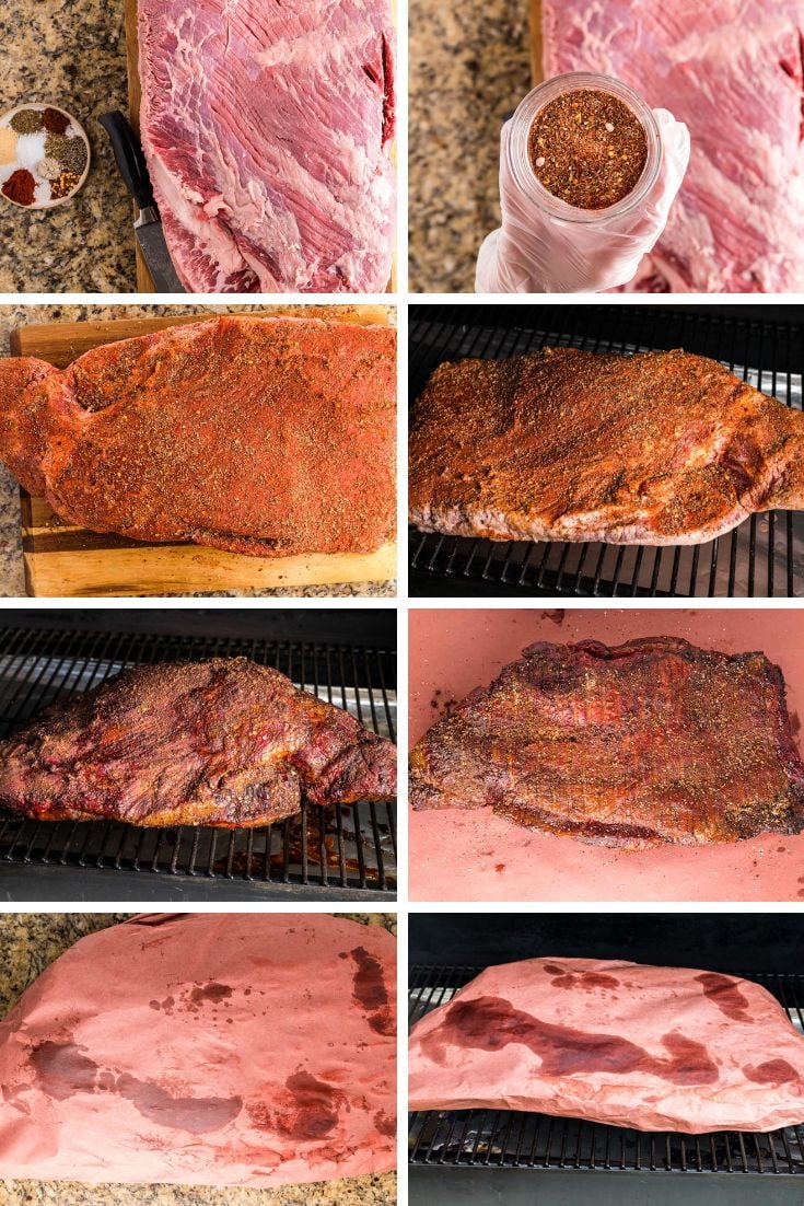 Step by step photo collage showing how to make smoked beef brisket.