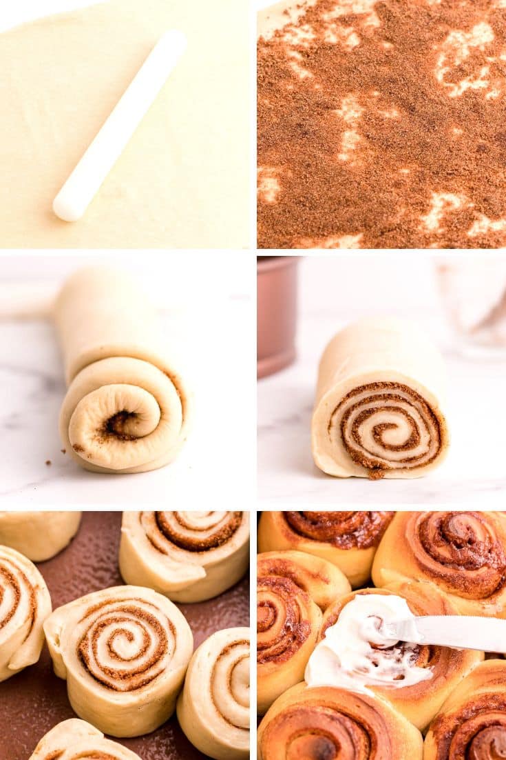 Photo collage showing how to make sourdough cinnamon rolls.
