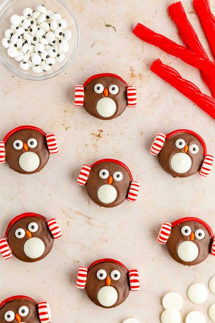 Overhead photo of Oreo Penguin Cookies on a table.