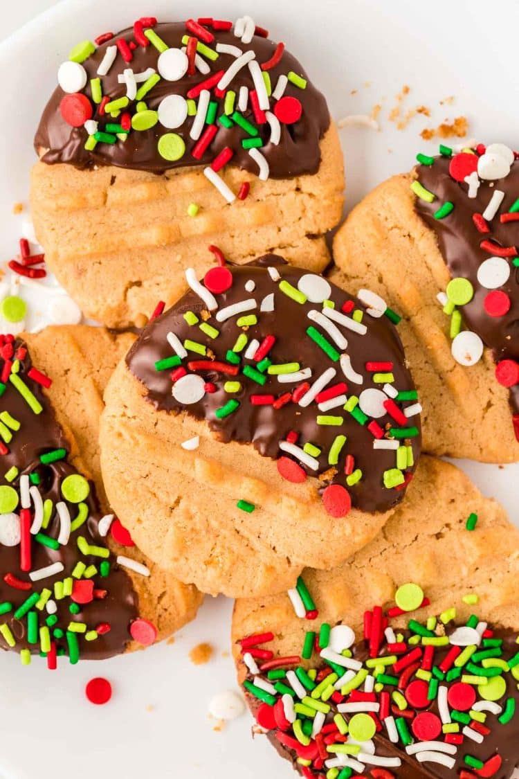 Chocolate dipped peanut butter cookies on a white plate.