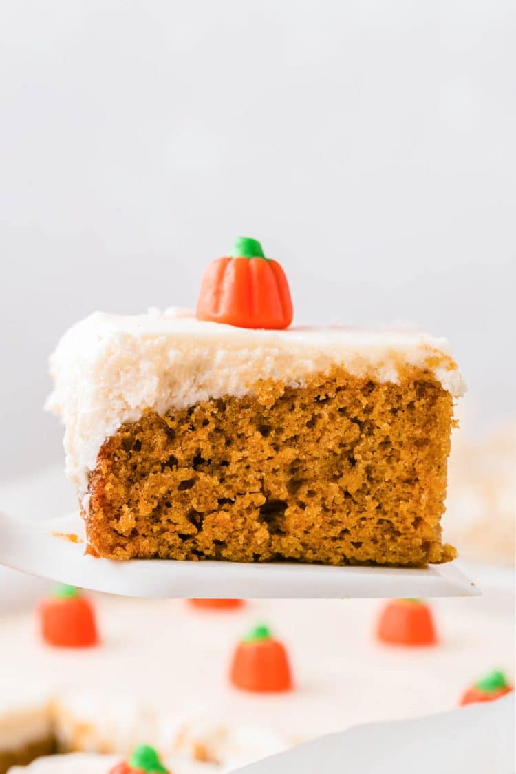 A spatula lifting a piece of pumpkin sheet cake out of the pan.