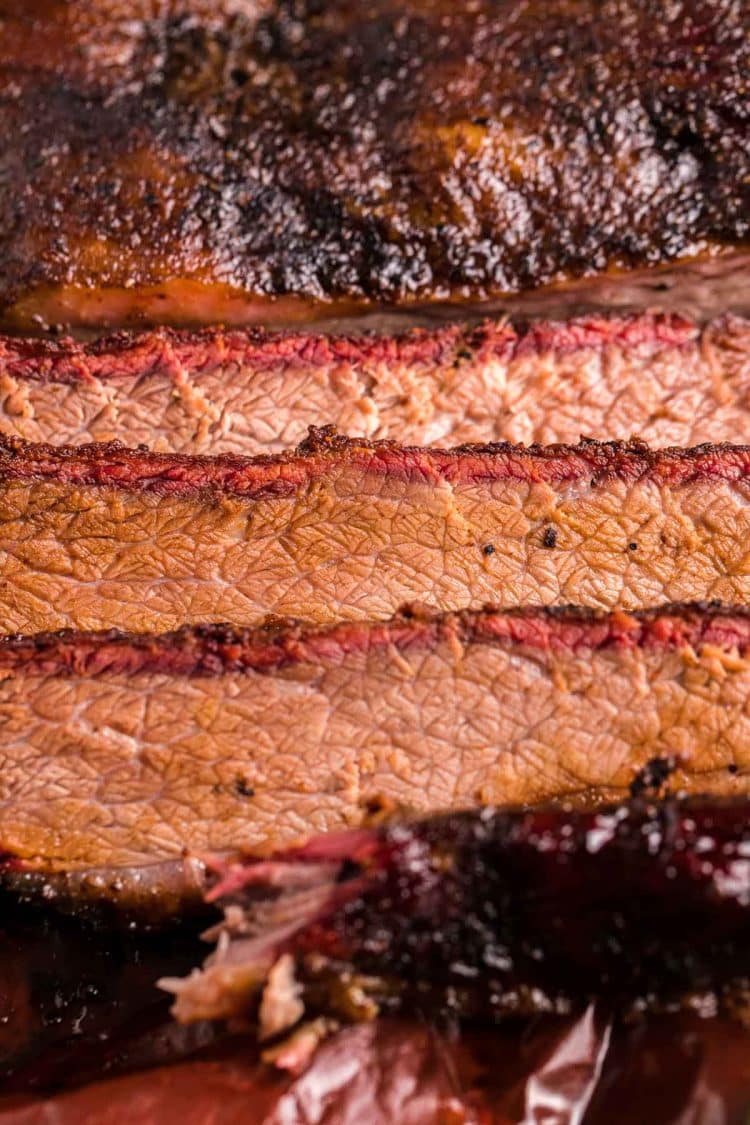 Close up photo of slice smoked beef brisket.