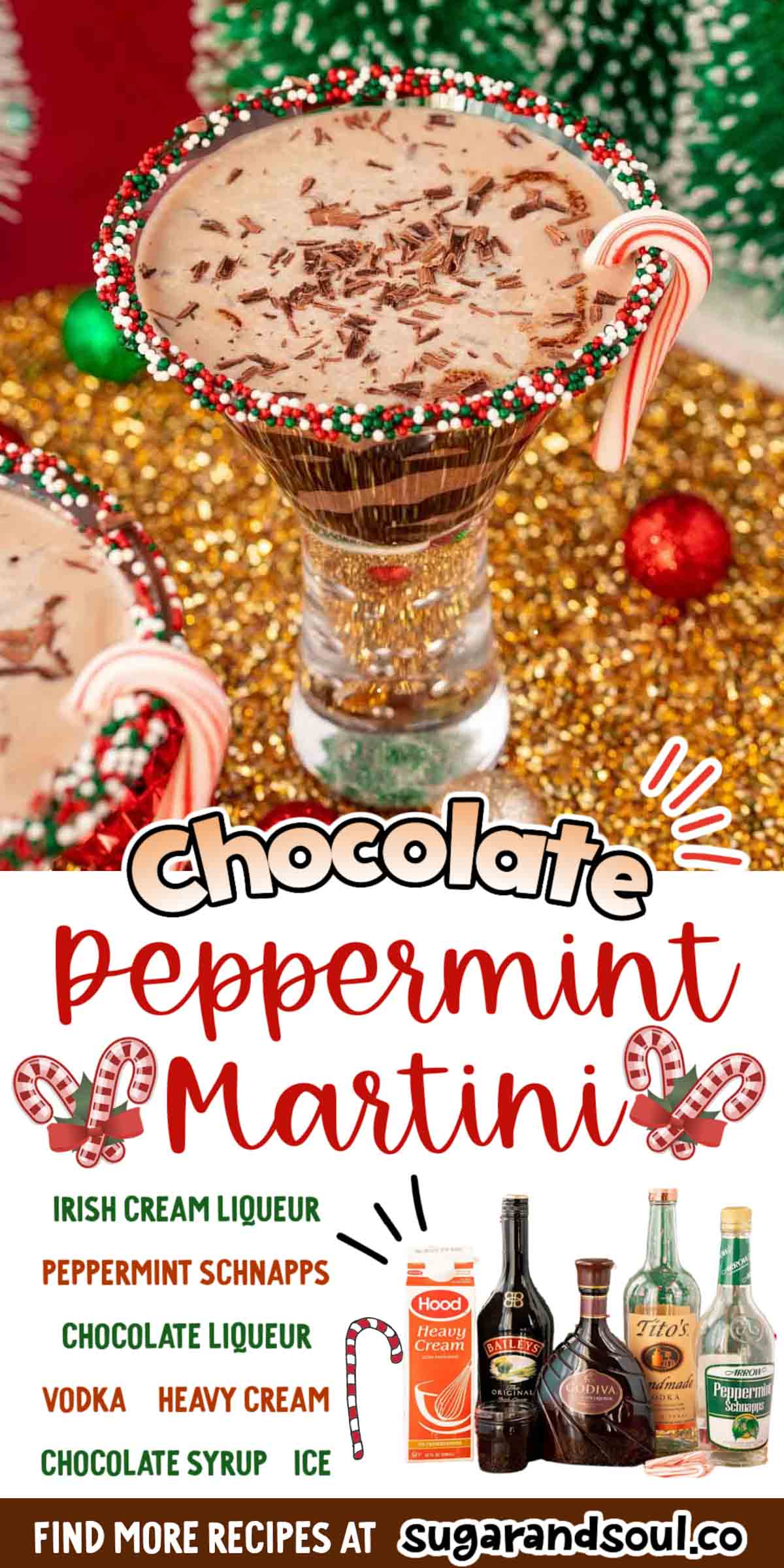 This Chocolate Peppermint Martini is made with 5 ingredients and is served in sprinkle-rimmed martini glasses that are drizzled with chocolate syrup! Takes just 5 minutes to make! via @sugarandsoulco