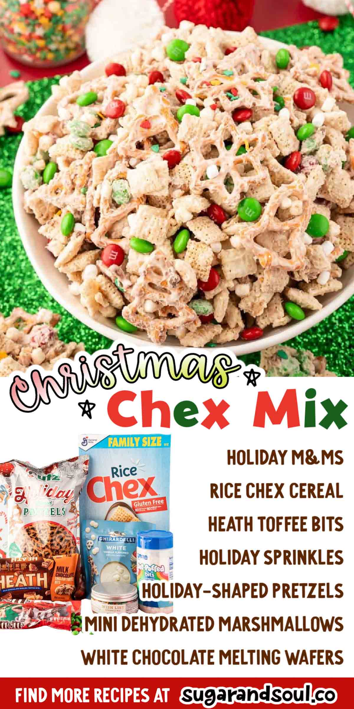 Christmas Chex Mix coats Chex cereal and holiday-shaped pretzels with melted white chocolate before adding in candy and marshmallows! A delicious snack that everyone will love all season long! via @sugarandsoulco