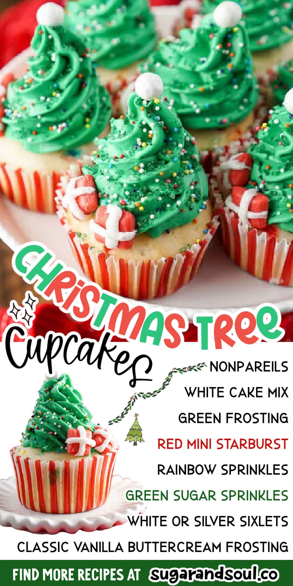 These Christmas Tree Cupcakes are easier than they look and are such a fun and festive dessert for holiday parties! Made with boxed cake mix, you can whip the cupcakes up quick and get decorating in no time! via @sugarandsoulco