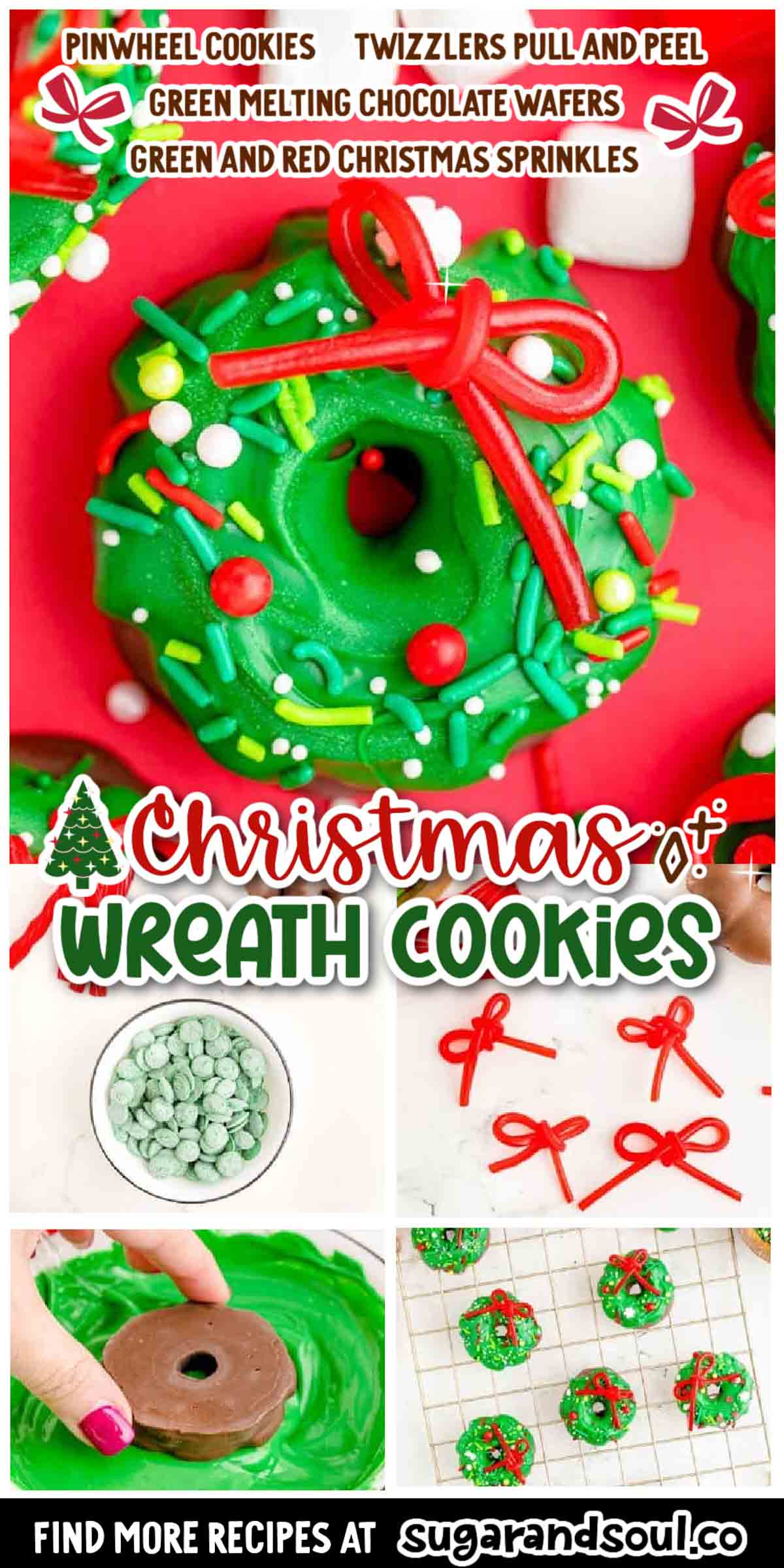 Easy Christmas Wreath Cookies are a fun no bake treat that the whole family can make together using Pinwheel cookies, Twizzlers, and chocolate! Takes just 30 minutes or less to decorate a batch! via @sugarandsoulco