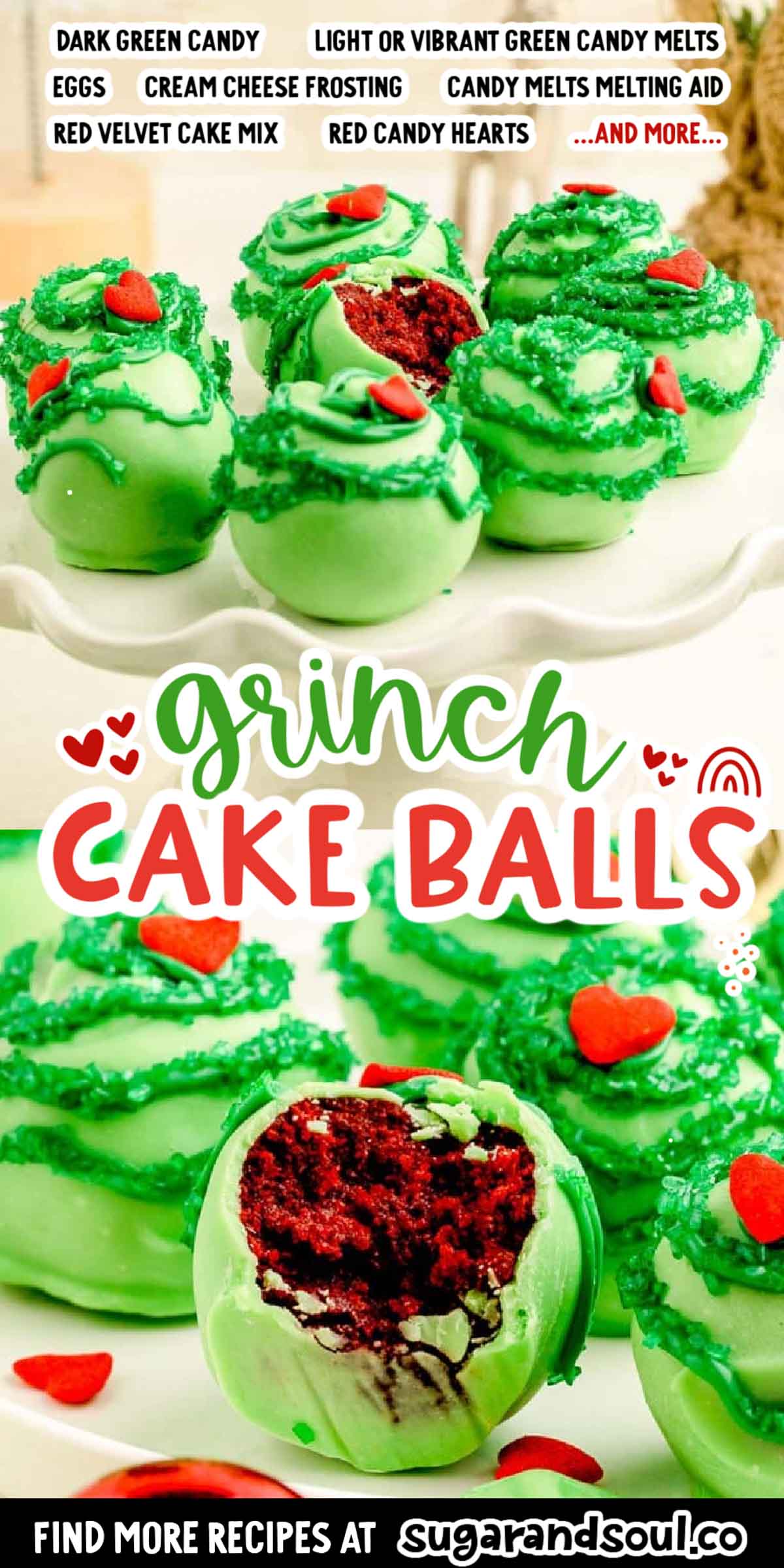 Grinch Cake Balls will make your heart grow three sizes since they're easily made with a boxed cake mix, canned frosting, and candy melts! Makes two dozen cake balls that are perfect for the holidays! via @sugarandsoulco